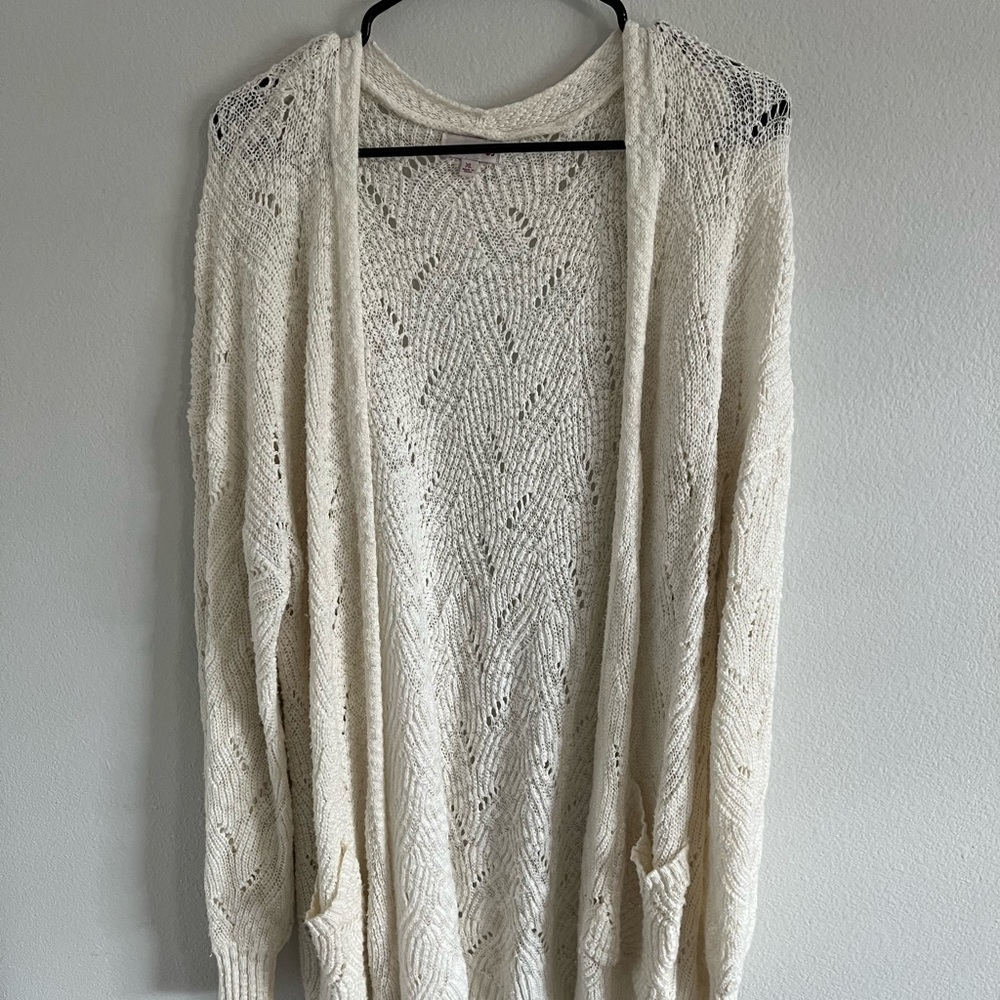Cream Lace Knit Cardigan Sweater with Relaxed Silhouette